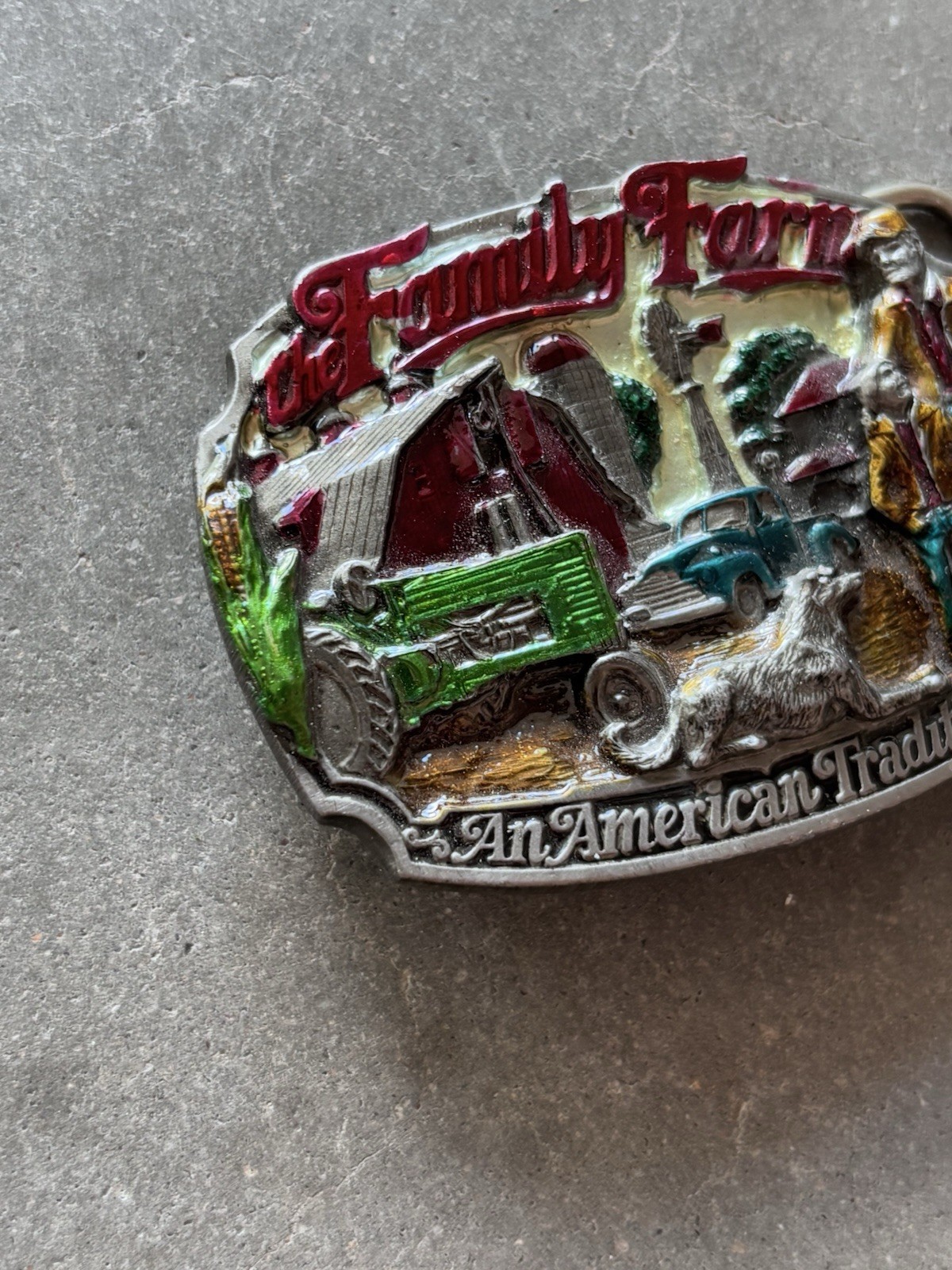 Vintage 1986 C&J Enamel Family Farm Scene Pewter Belt Buckle American Tradition