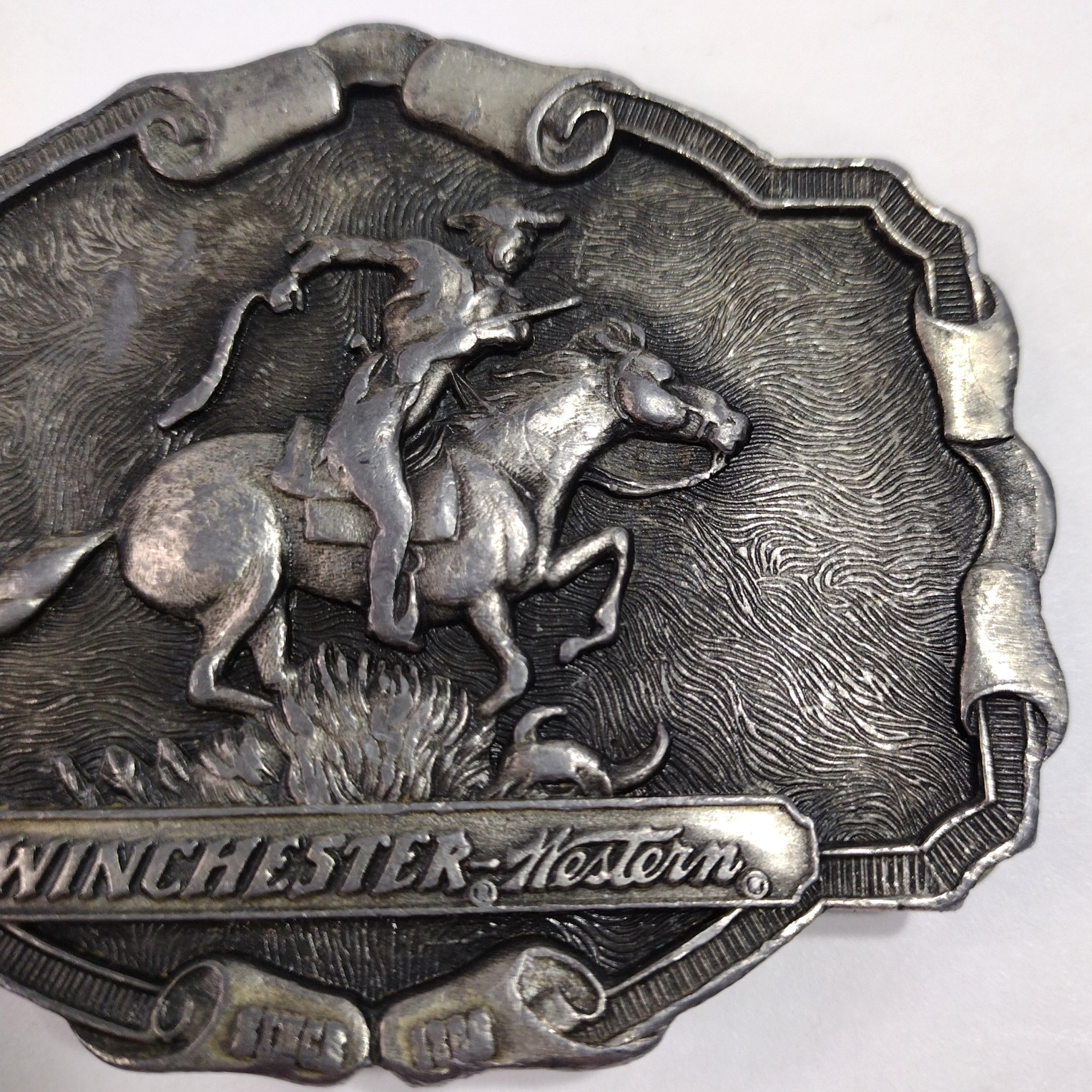 Belt Buckle Winchester Western Pewter Silver Tone Vintage 3.5&Prime; x 2.75&Prime;