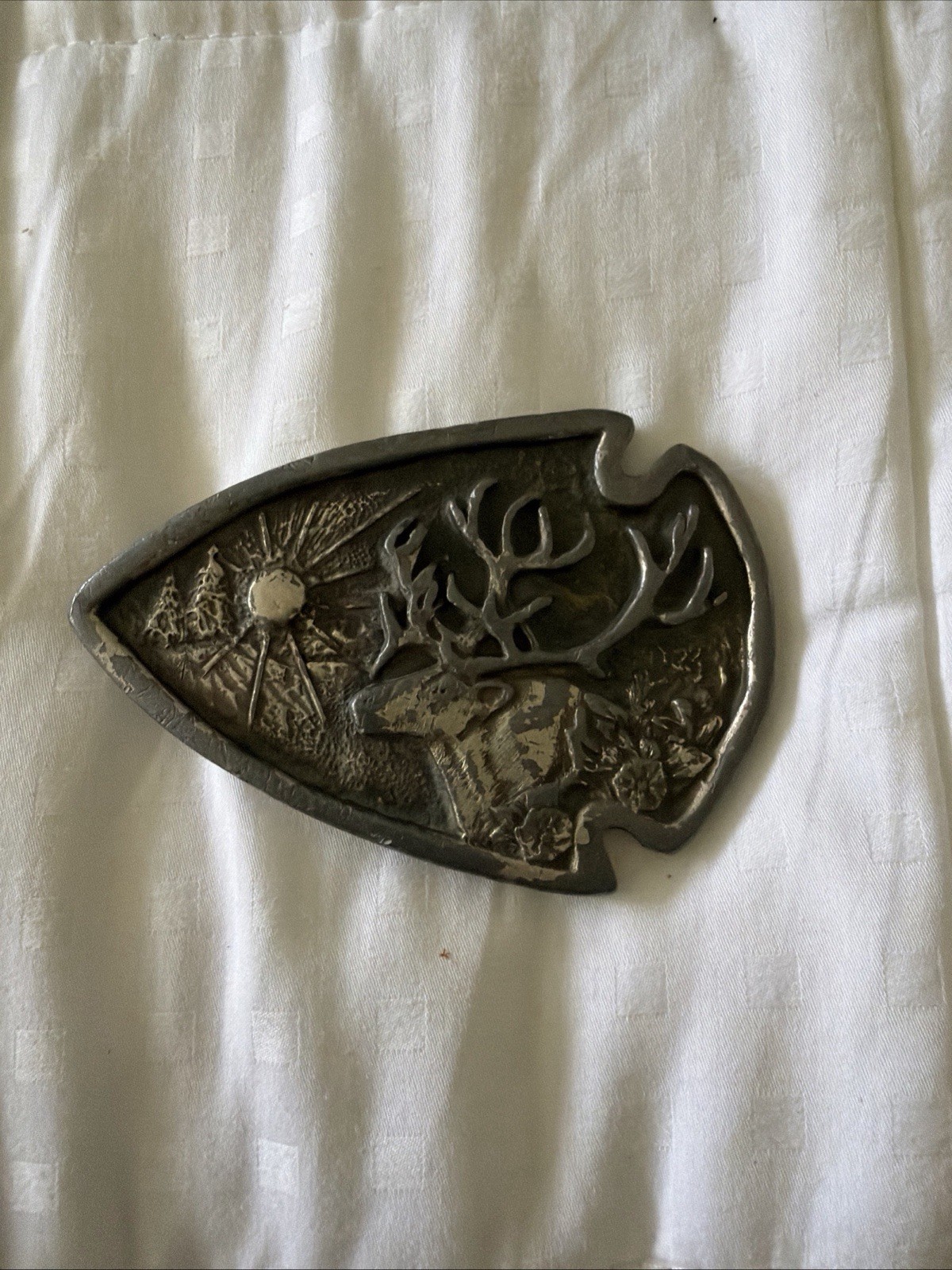 Vintage Elk Deer Sunshine Trees Scene Belt Buckle Heavy Triangle Sec Cast USA