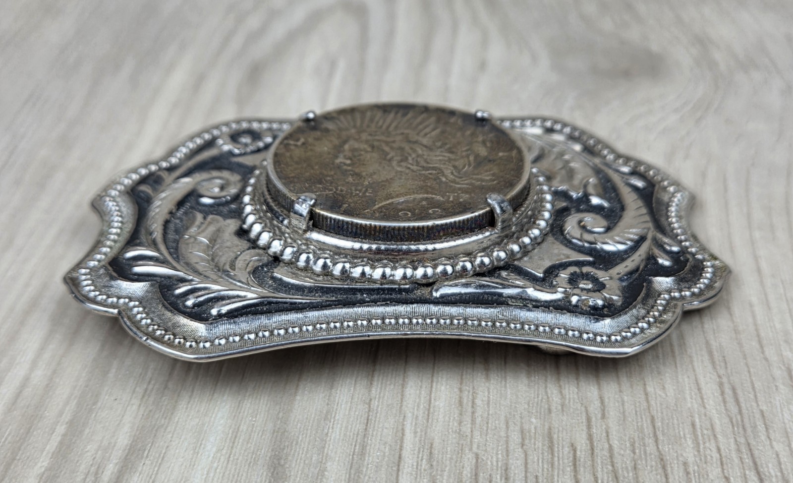 Vtg 1923 Peace Silver Dollar Coin Belt Buckle Engraved Scrollwork Western Cowboy