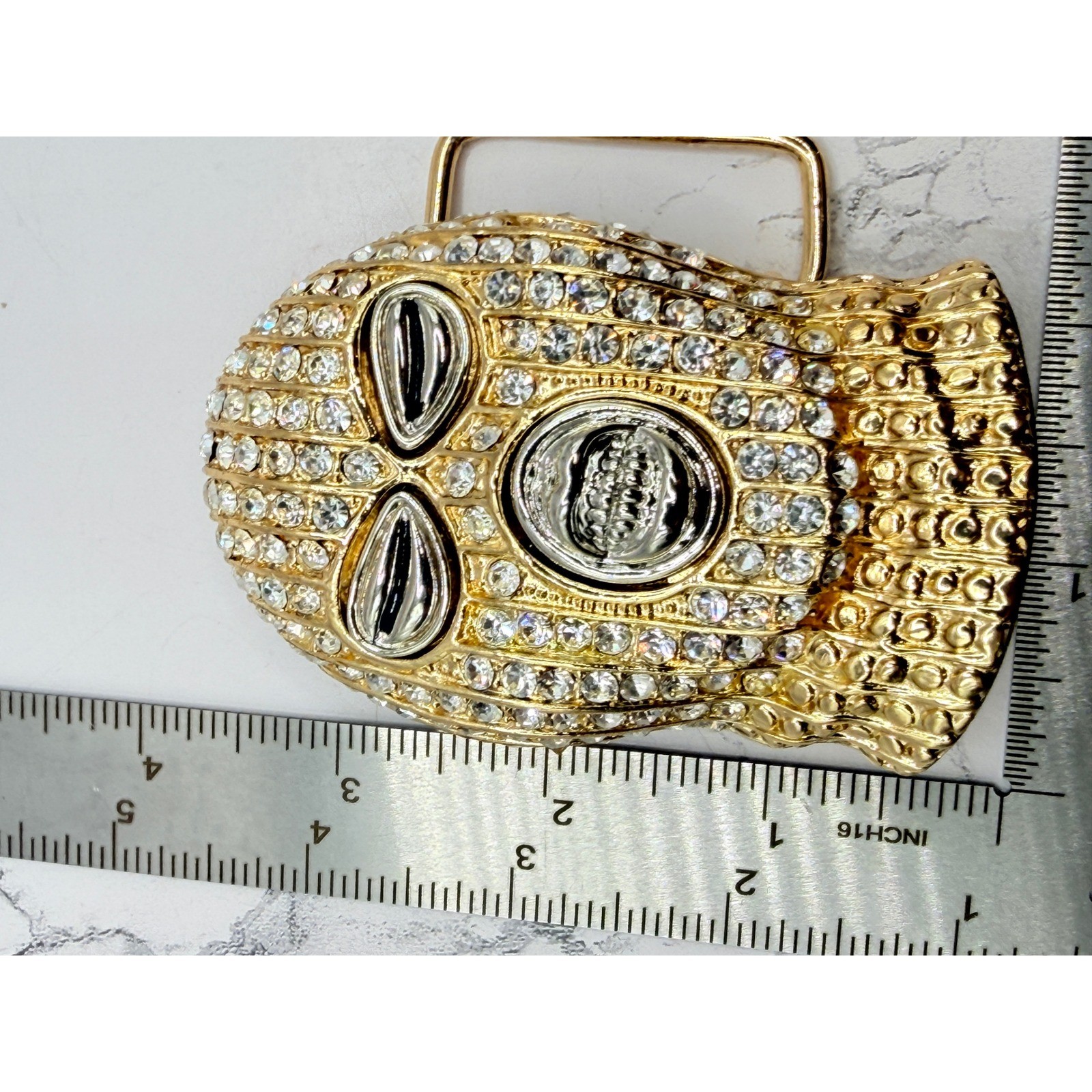 Gold Rhinestone Mask Belt Buckle Fits 1.5&Prime; Belt Western Biker Hip Hop Goon Mask