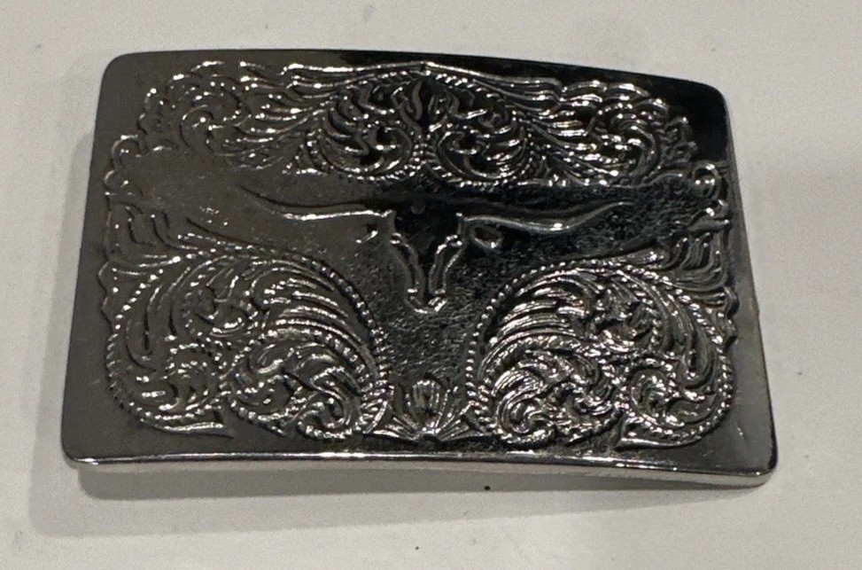 VTG Designer Western Cowboy Belt Buckle Unisex Silver Tone Rectangular Steer