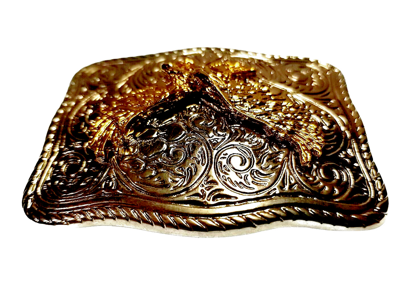 EAGLE Belt BUCKLE Gold on Silver Rectangular Metal w Rope Edge Western/Biker/USA