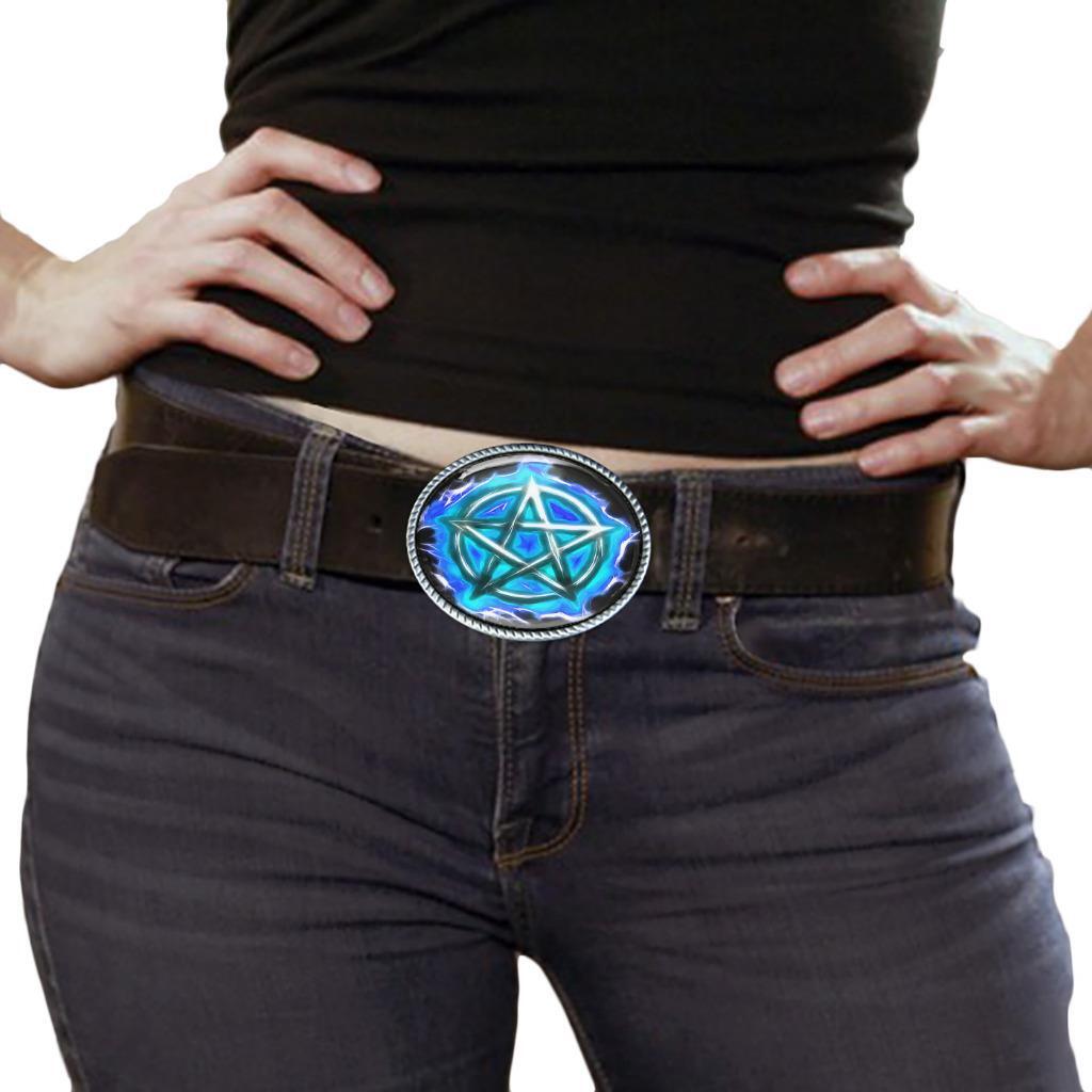 Ice Blue Pentagram Belt Buckle – Gothic Flames Men Women Handmade Belt Buckle