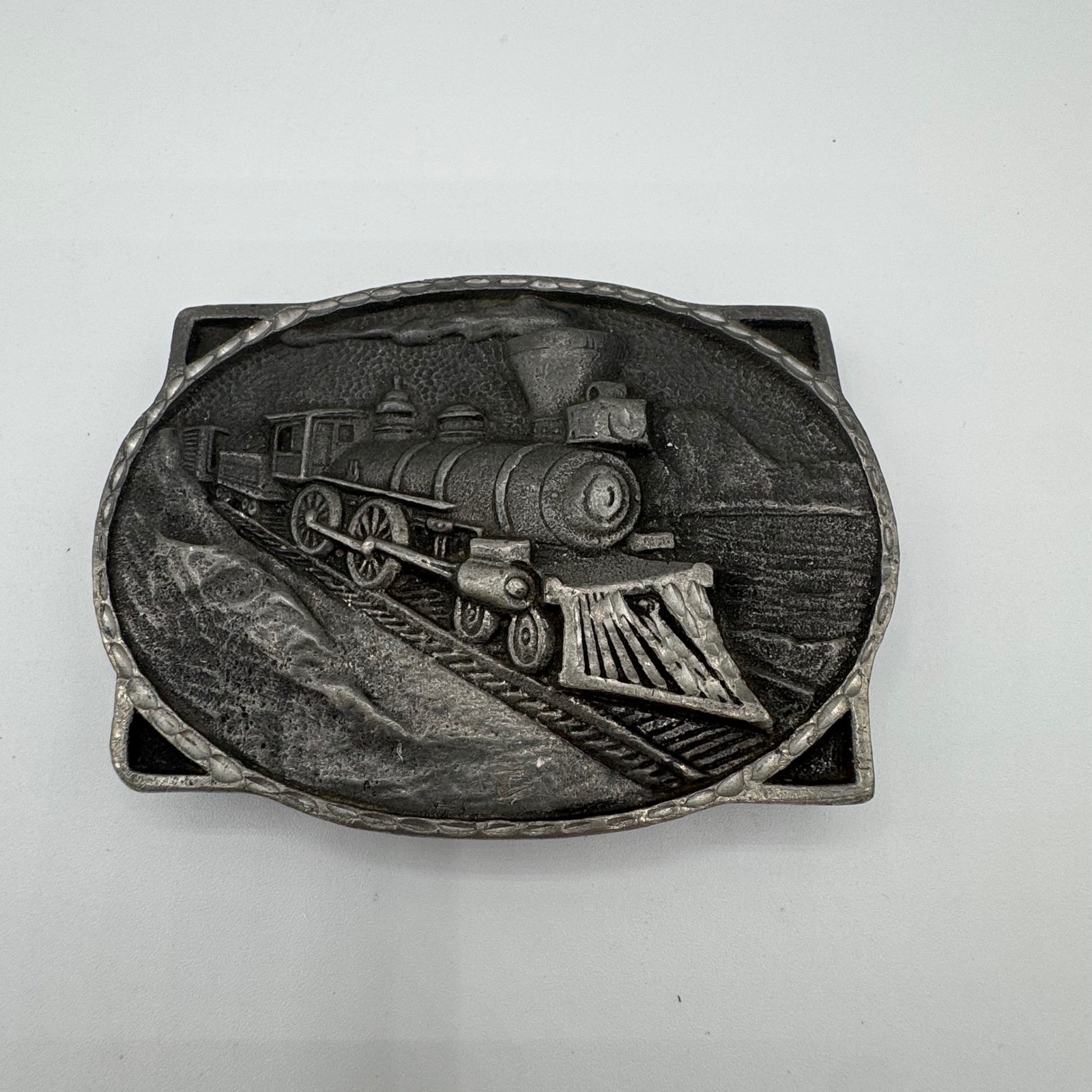 Vintage Steam Locomotive Train Belt Buckle Pewter Tone Railroad Mountain Scene