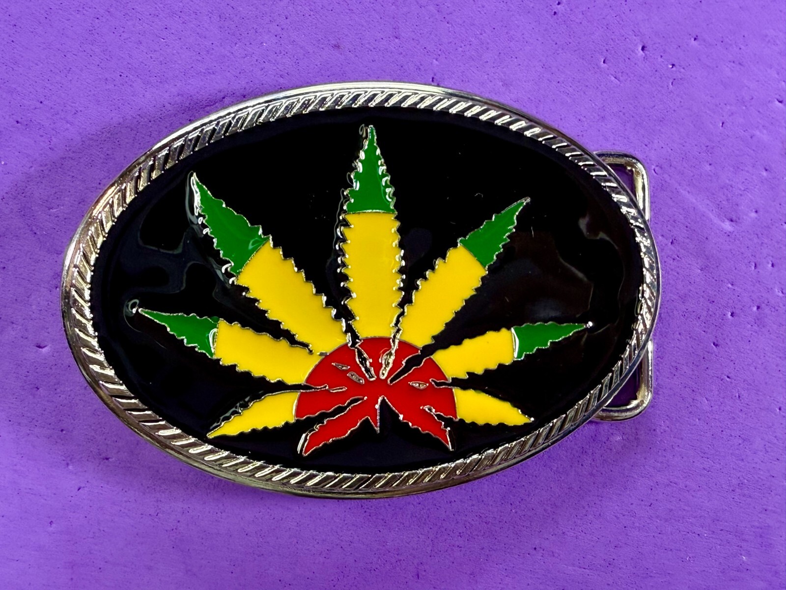 Marijuana Cannabis Pot Leaf Weed Enameled Rasta Colors New 4&Prime; Wide Belt Buckle