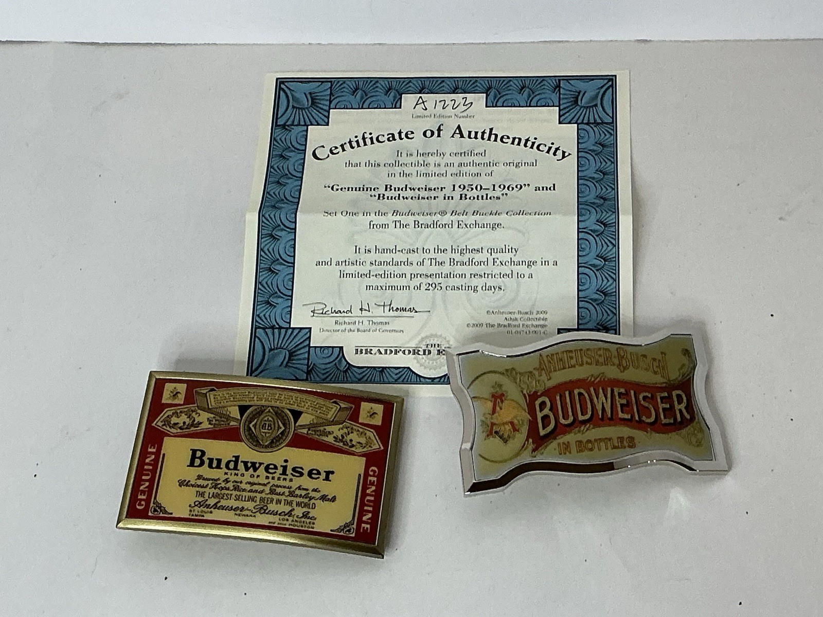 2pc NIB Bradford Exchange Budweiser Beer Belt Buckles Collection W COA A1223