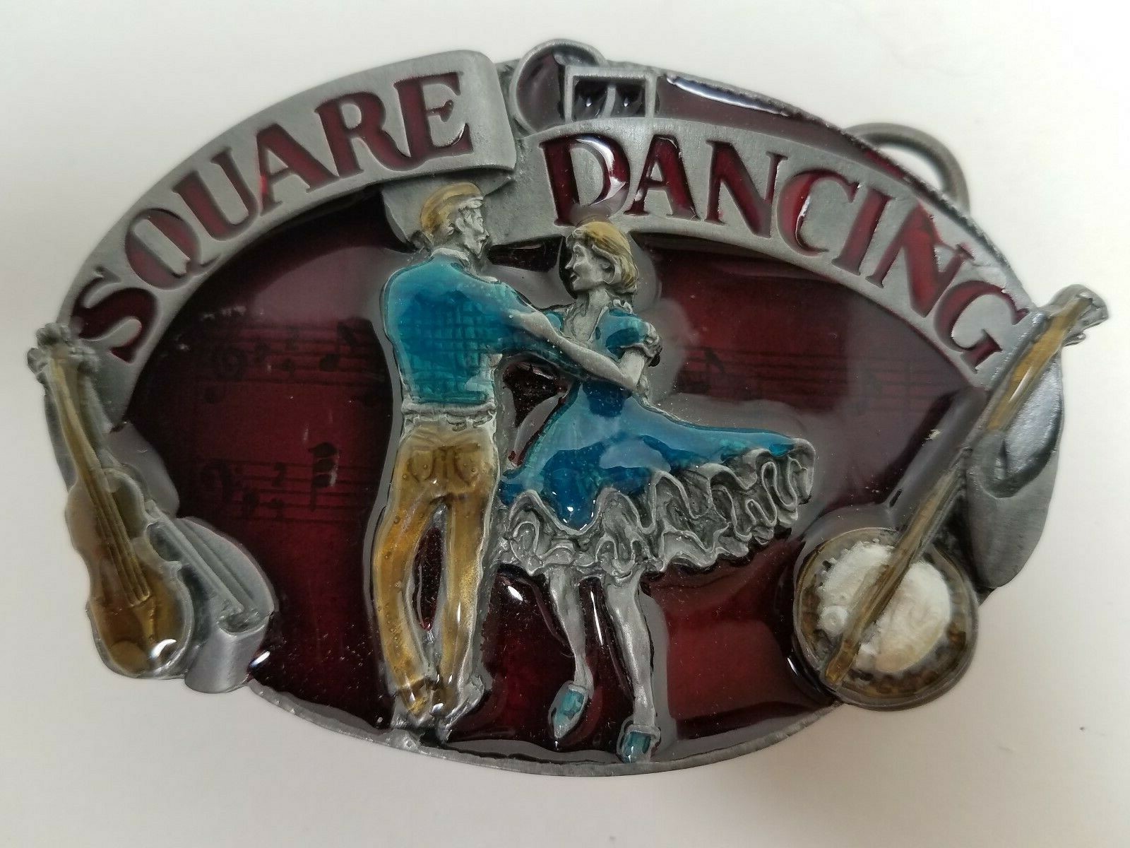 Pewter Belt Buckle Square Dance Resin Couple Dancing Fiddle Banjo 1988 Siskiyou