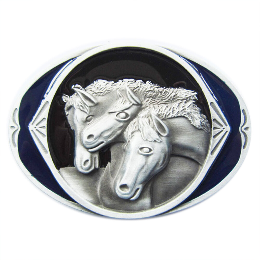 Three Horses Western Cowboy Oval Blue Enamel Metal Belt Buckle