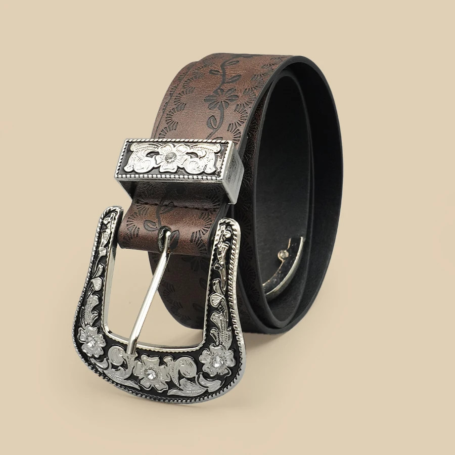 Vintage Carved Buckle Belt for Women Men – Brown Textured Floral Print