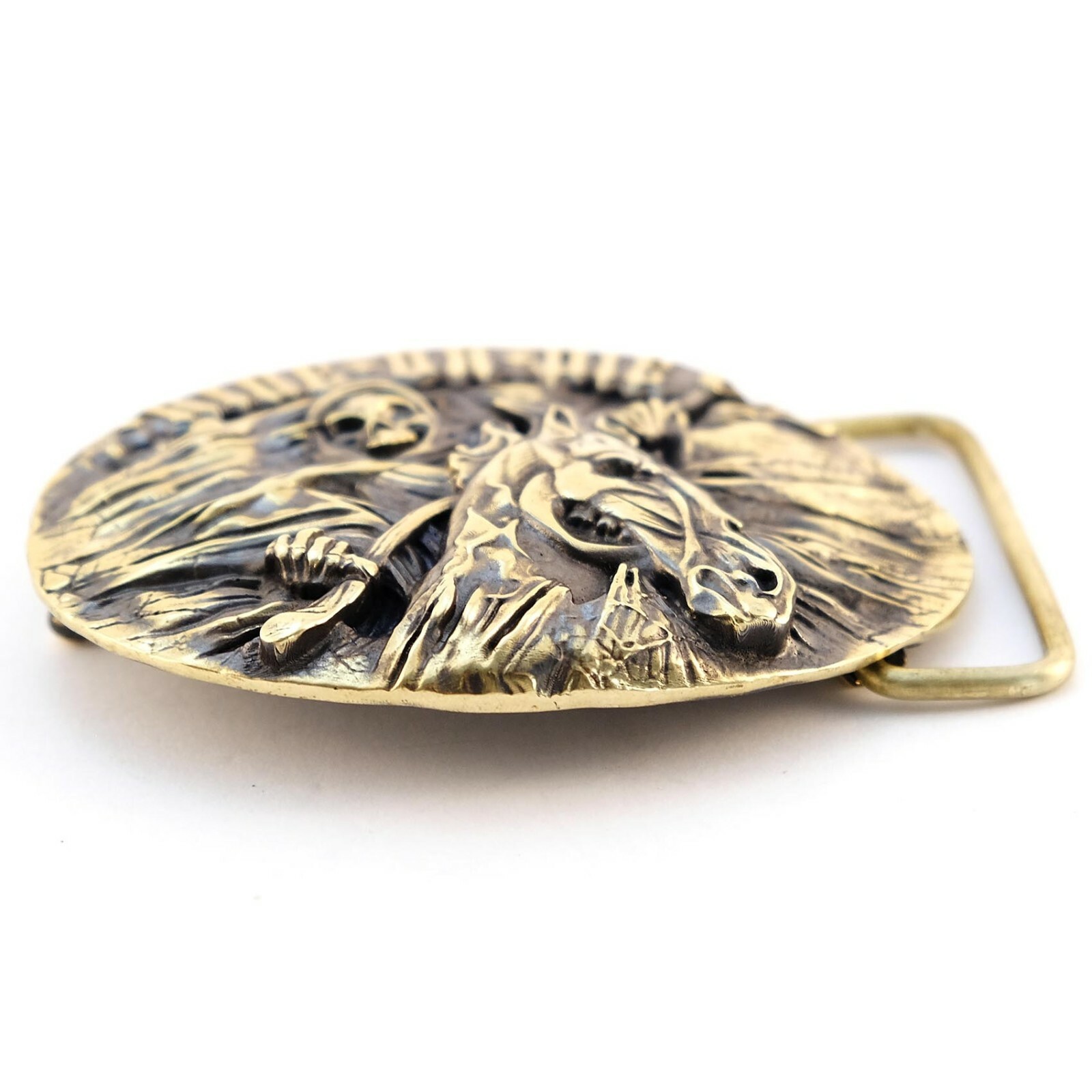 Biker RIDE OR DIE belt buckle with skull and dead horse, Solid brass belt buckle
