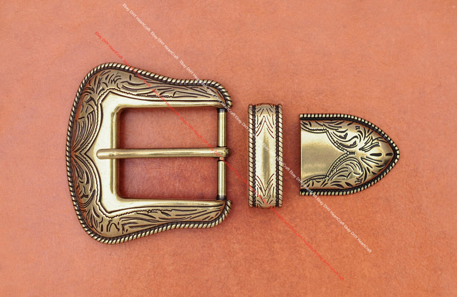 Inner 35mm Brass Western Cowboy Rodeo Floral Leathercraft 3 pc Set Belt Buckle