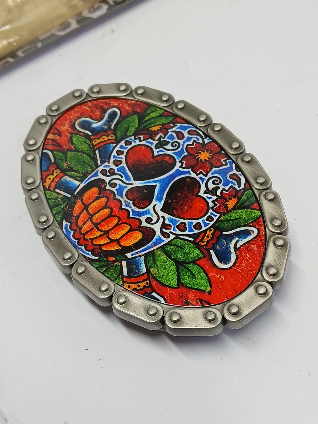 HOTBUCKLE Oval “SKULL Flowers & Cross Bones BELT Buckle Only New Like Ed hardy