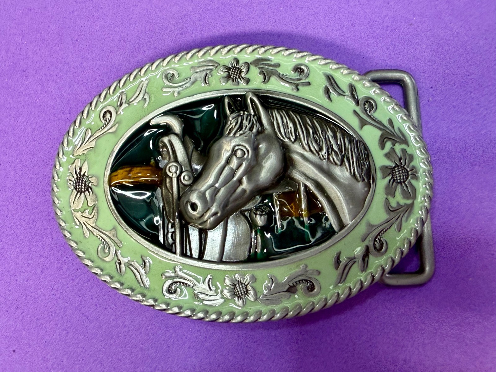 Horse Head and Saddle Enamel Rodeo Cowboys Cowgirls Dimensional Belt Buckle