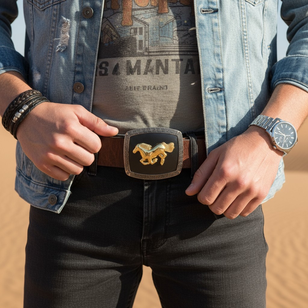 Men Women Western Belt Buckle Silver Metal Square Gold Rodeo Horse Black Fabric