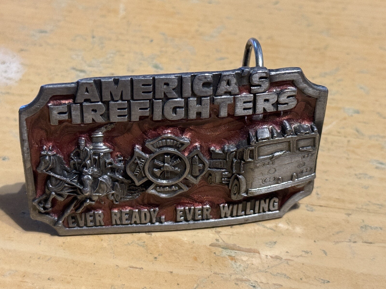 1983 AMERICA&rsquo;S FIREFIGHTERS BELT BUCKLE -EVER READY EVER WILLING Colorful Enamel