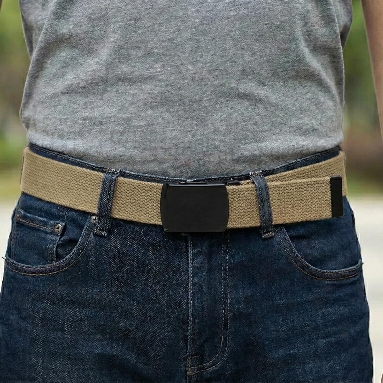 Canvas Web Belt Military Style with Black Buckle and Tip 56&Prime; One Size, Khaki