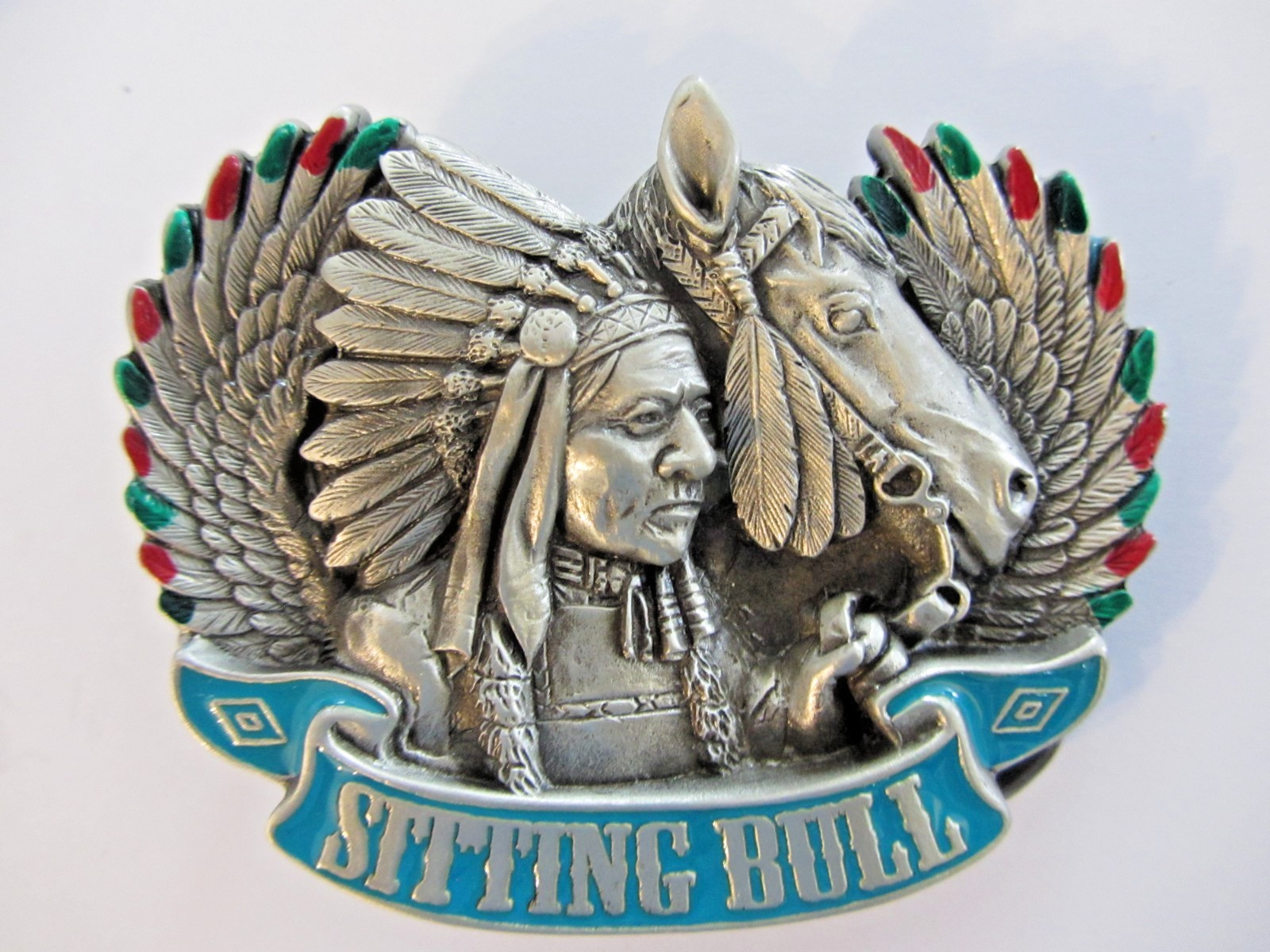 Sitting Bull Belt Buckle Pewter & Enamel Native American Horse NEW 142