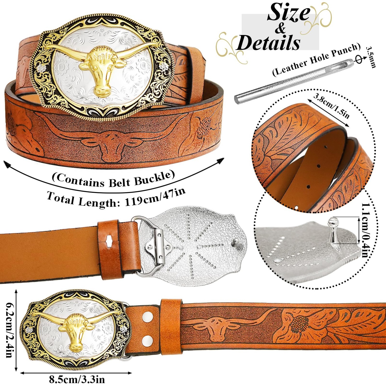 Aswitnove Mens Western Leather Buckle Belts, M-Fit waist size(37&Prime;-41&Prime;), Brown