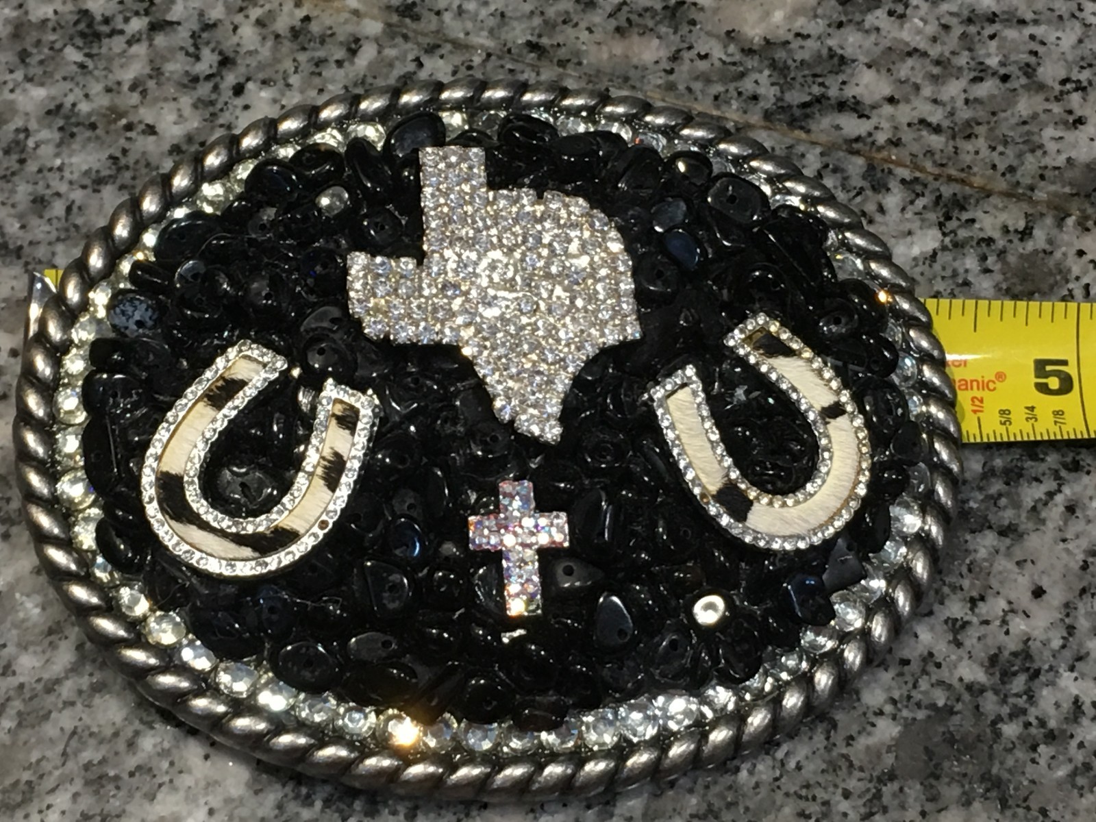 Large Belt Buckle Bling TEXAS Horseshoe Cross Rhinestones and Black Stones – NEW