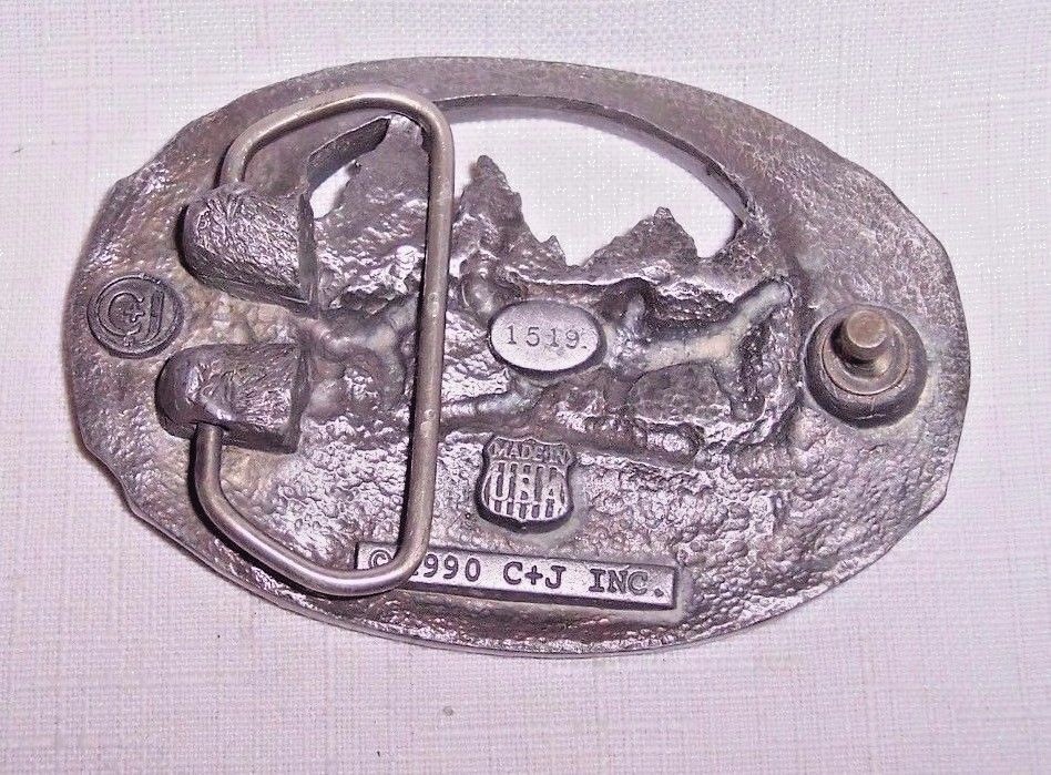 MEN&rsquo;S HEAVY PEWTER 1990 C + J INC DEER SCENE AND ANTLER BELT BUCKLE MADE IN USA