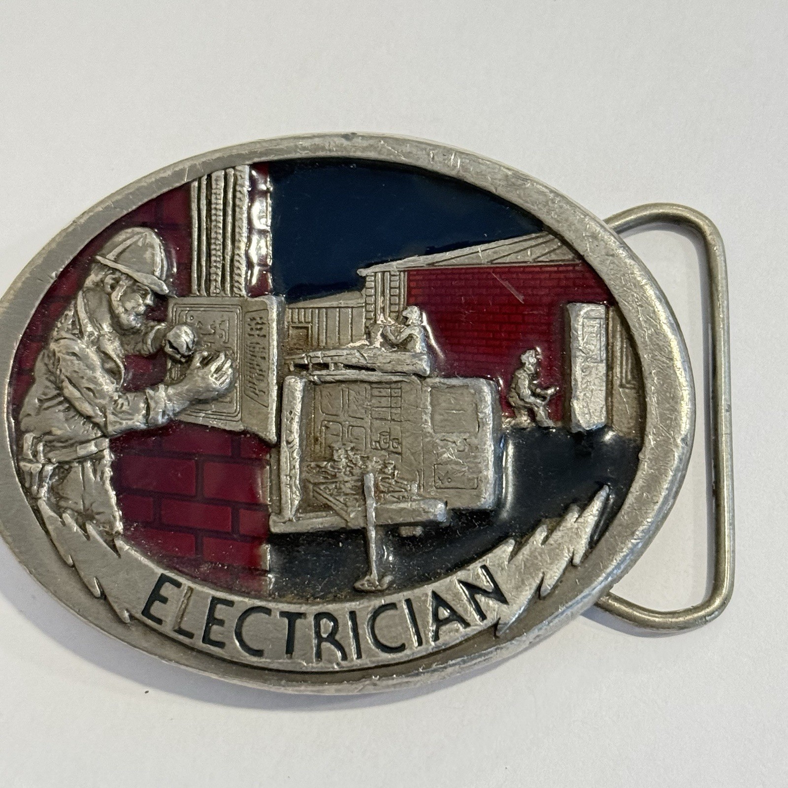C & J Belt Buckle Electrician Silver Red Blue Tone Oval Electric Work Men’s