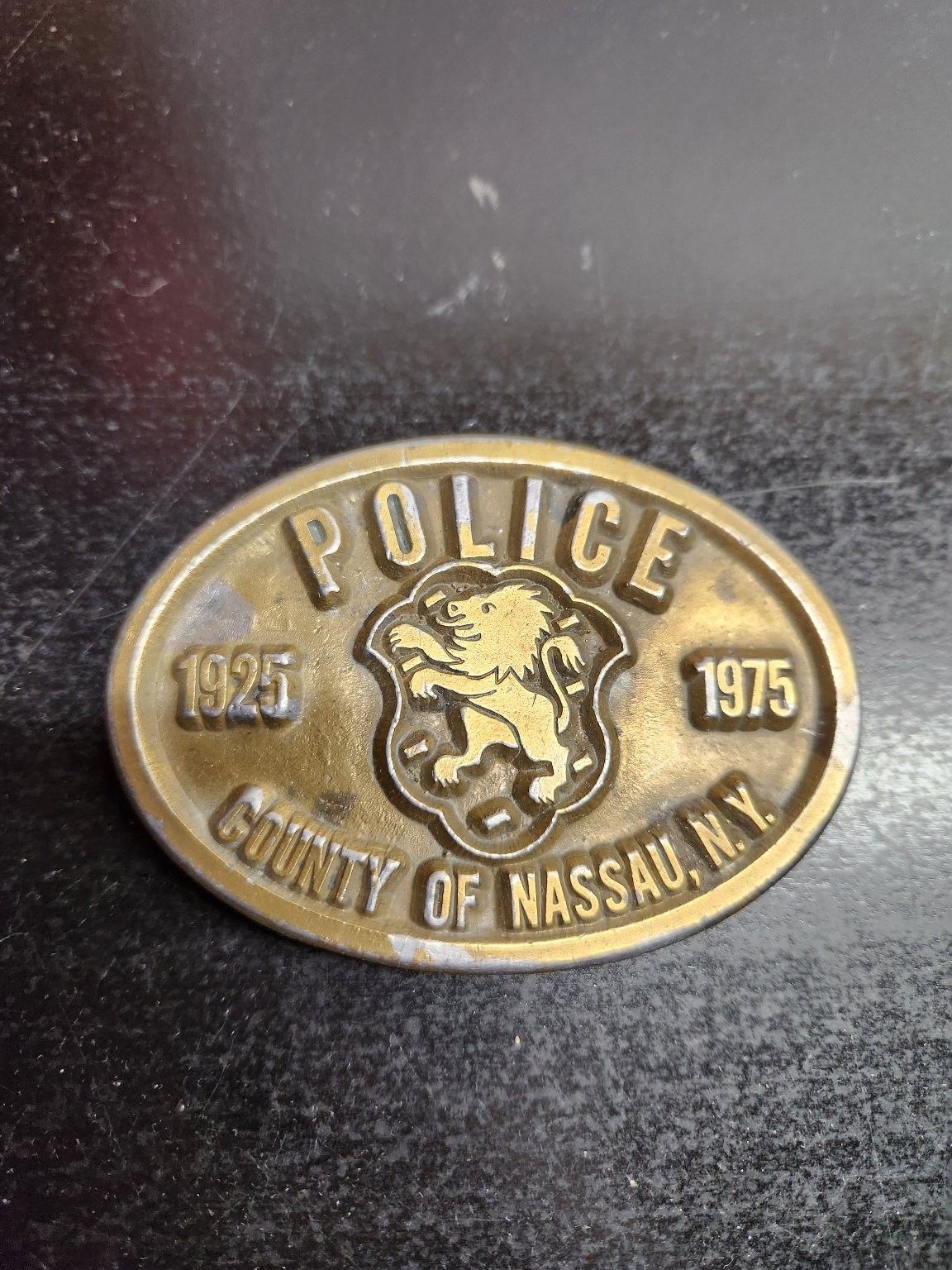 County of Nassau NY 1925-1975 Police Commemorative Belt Buckle Brass Gold Tone