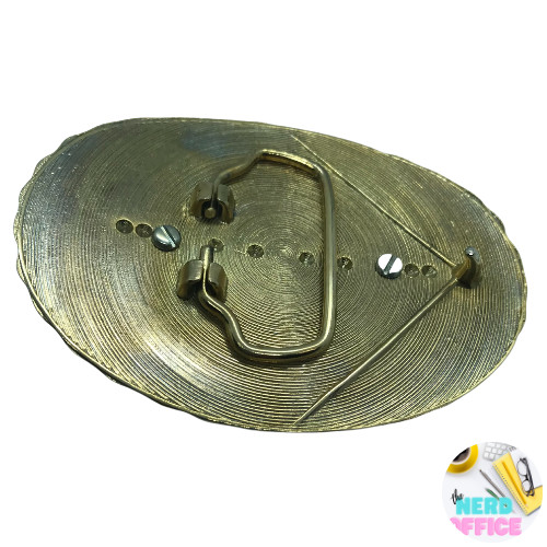 Belt Buckle Western Style Gold Tone Oval Stage Coach Gold Flake Inlaid Vintage