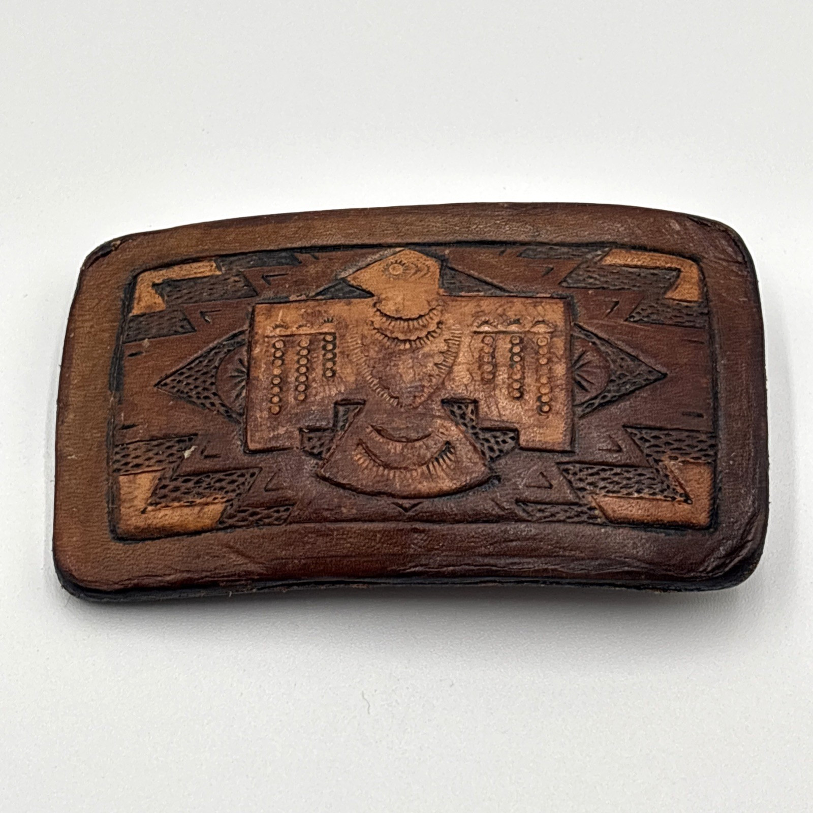 Vintage Leather Hand Tooled Belt Buckle Thunderbird