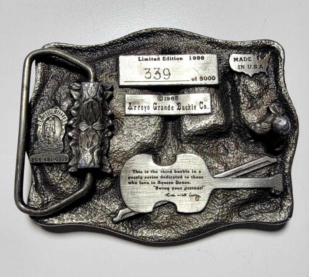 Arroyo Grande Belt Buckle Square Dancing #339 1985 Pewter 3.25&Prime;x2 5/8&Prime; Fit 1.75
