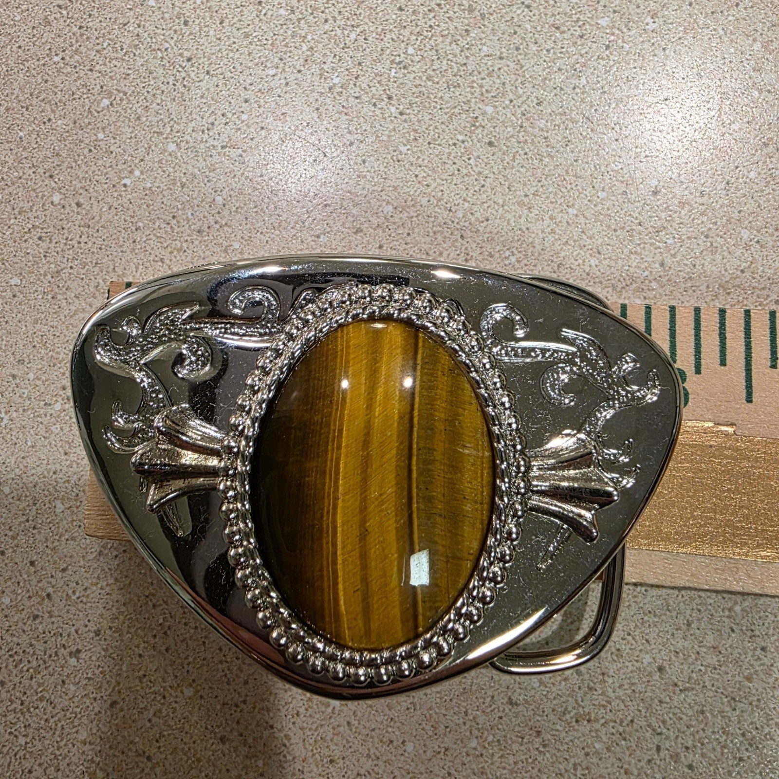 Belt Buckle Unisex Silver Chrome, Tigers Eye Stone Western Boho, EUC