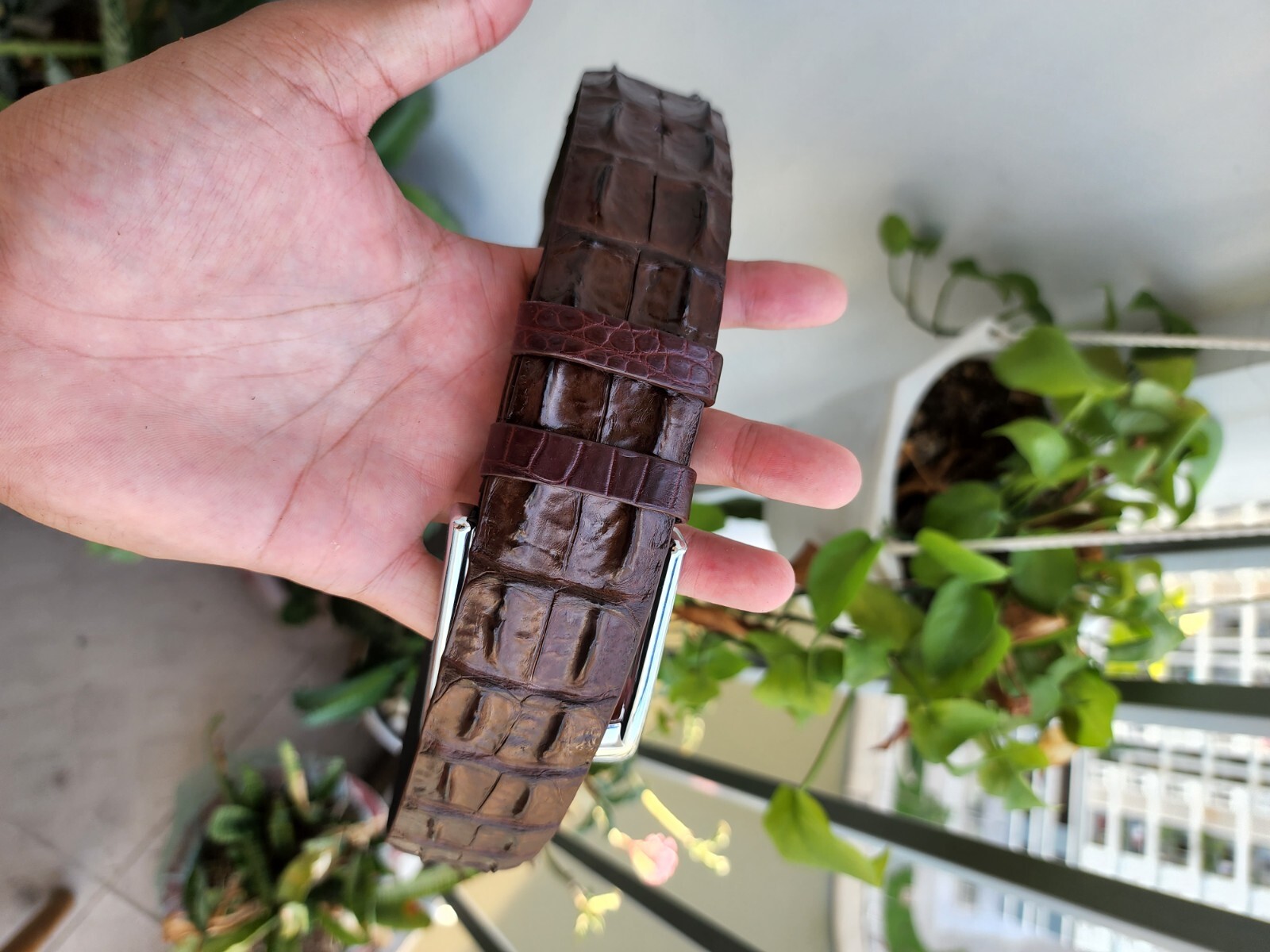 3.8CM Brown 100% Genuine Exotic Leather Skin Men Belt Silver Buckle- Handmade