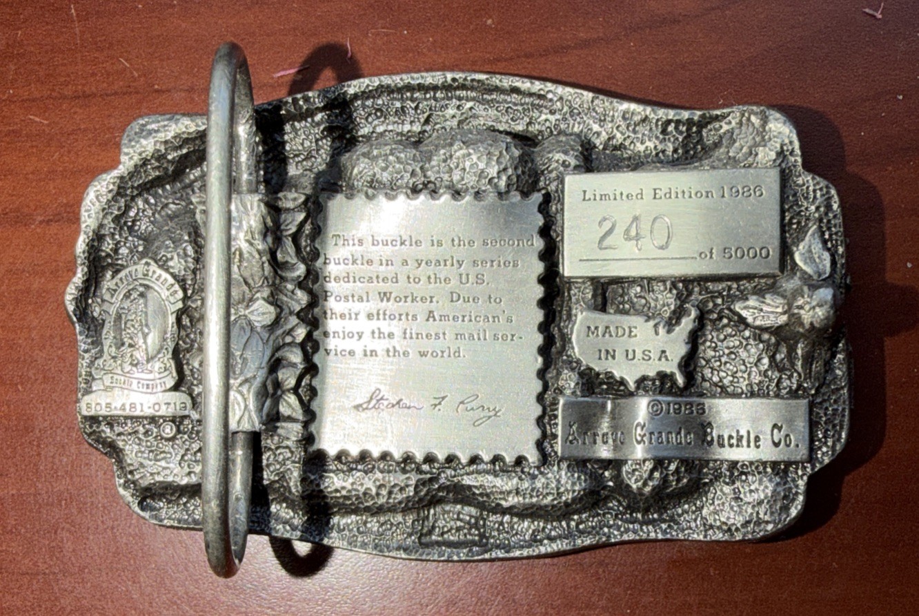 U.S. POSTAL WORKER PEWTER COMMEMORATIVE 1986 BELT BUCKLE. LMT EDITION 240. #1