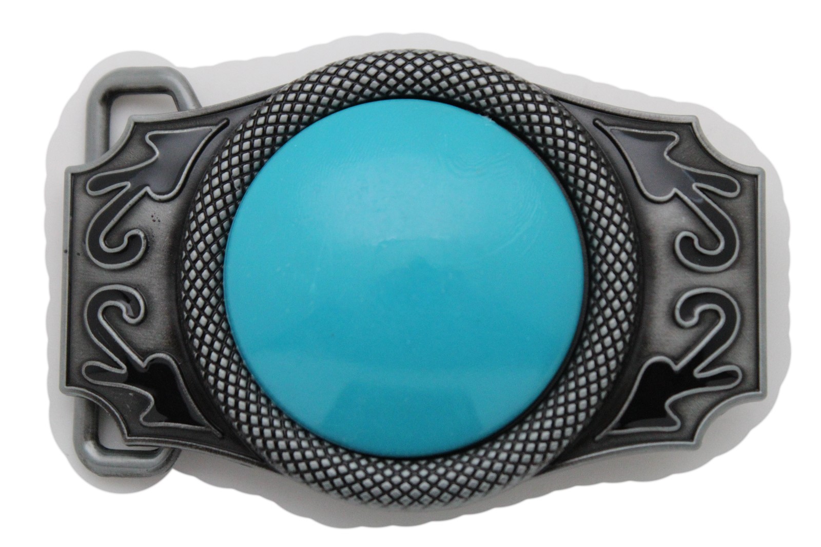 Men Western Fashion Belt Buckle Silver Metal Turquoise Blue Bead Cowboys Casual