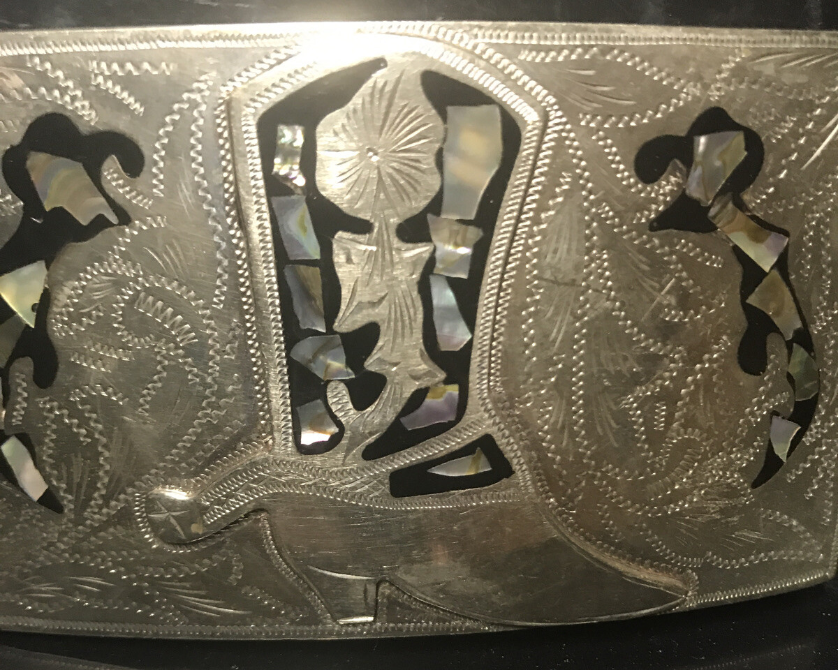 SILVER BELT BUCKLE ABALONE Cowboy Boot INLAYS MARKED ALPACA