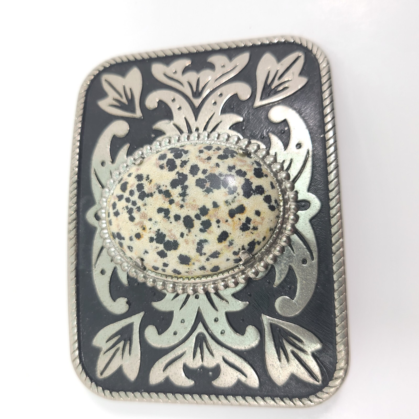 Western Belt Buckle Spotted Stone Center Dalmation Jasper Agate Metal Cowboy Vtg