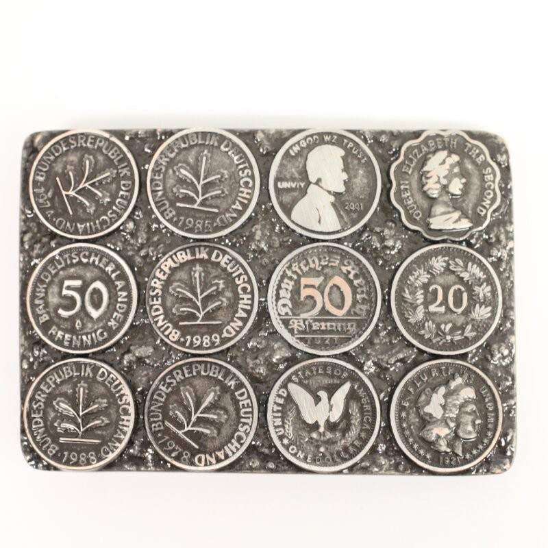 Vintage Belt Buckle with German Penny Coins Motif Metal in Retro Style