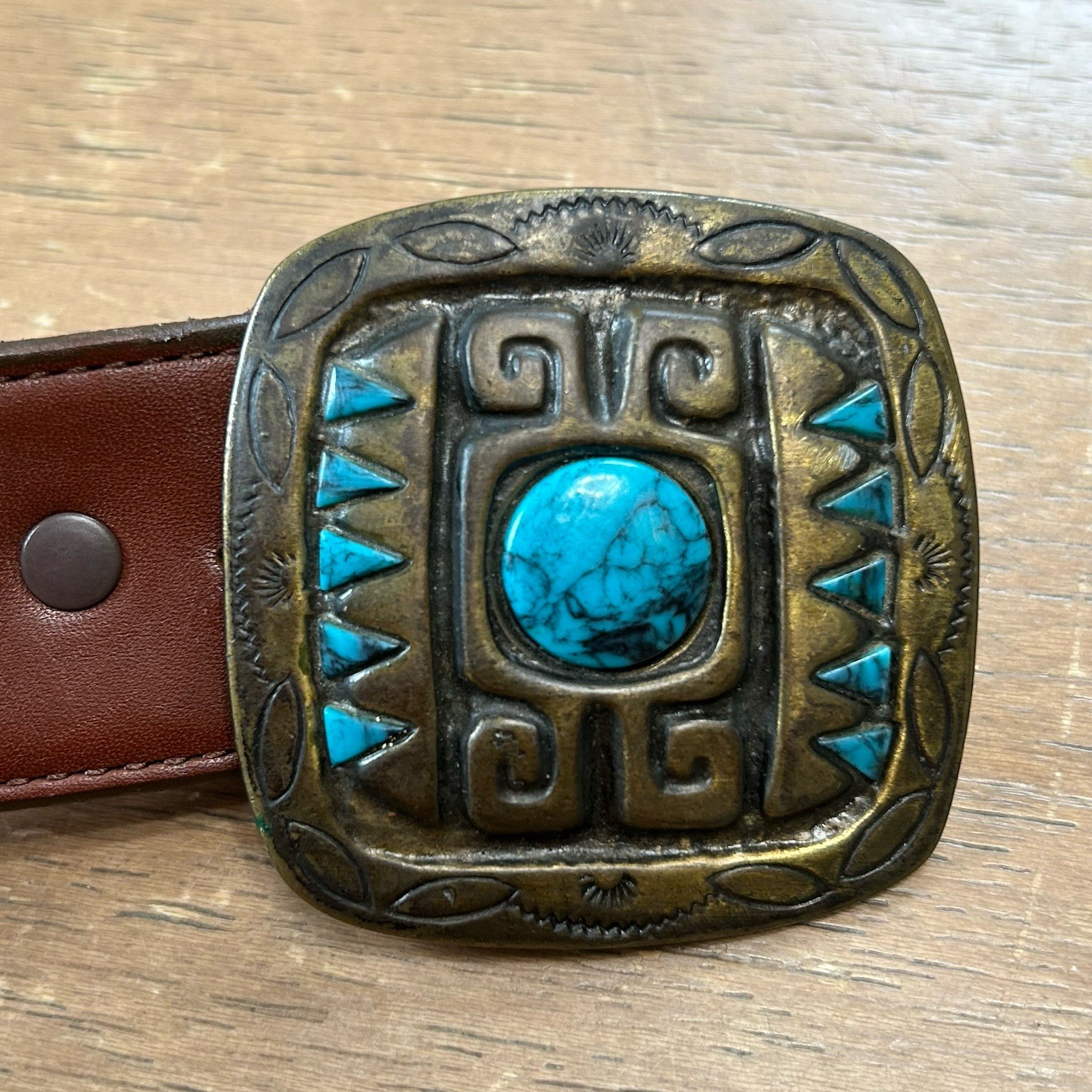 James Reid Leather Belt Size 37 Turquoise & Bronze Native American Belt Buckle