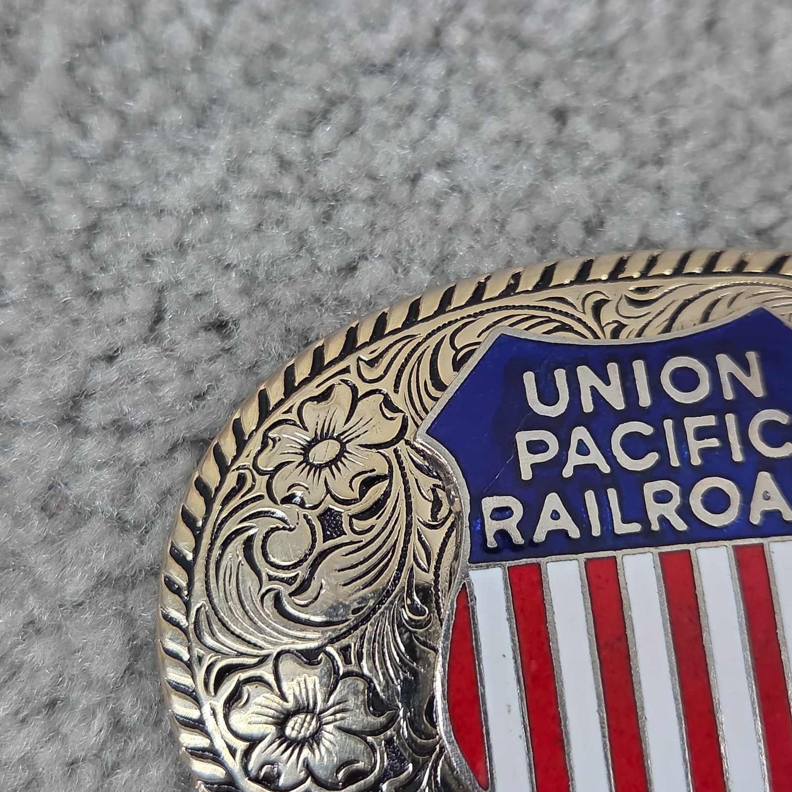 Union Pacific Railroad Belt Buckle Mens Silver Enamel Western Train Logo