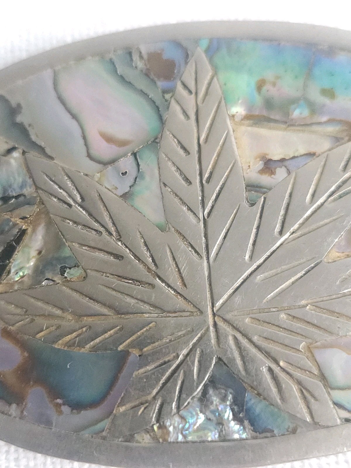 VTG Belt Buckle Mexican Abalone Inlay Silver Marijuana Leaf 420 Weed Cannabis