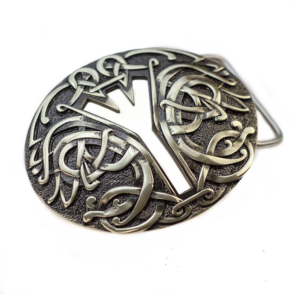 Runic german silver belt buckle Algiz, Life Rune Celtic Old Norse Scandinavian