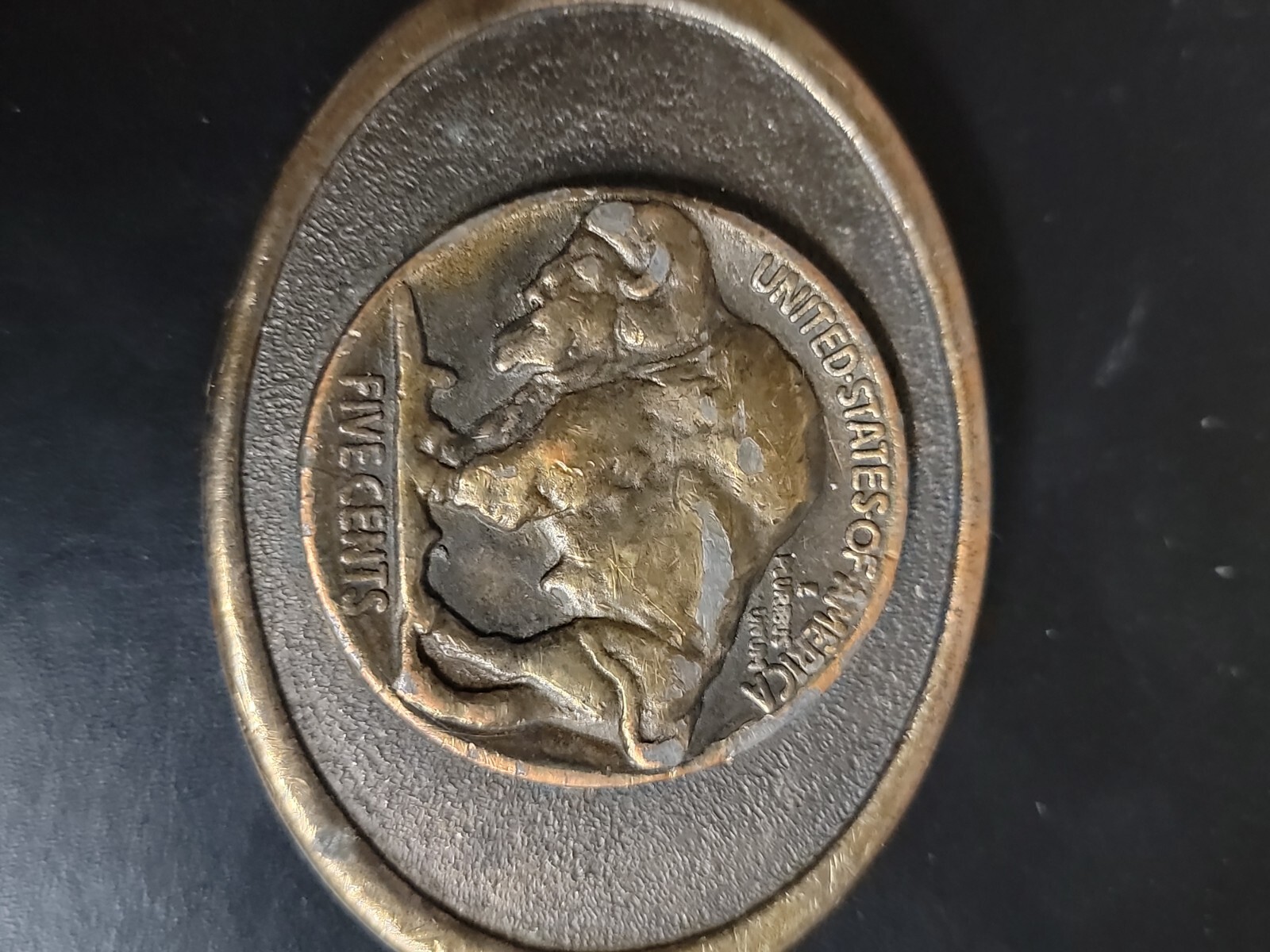 Five Cents Buffalo Nickel Coin Style Vintage Belt Buckle USA Western Cowboy Rare