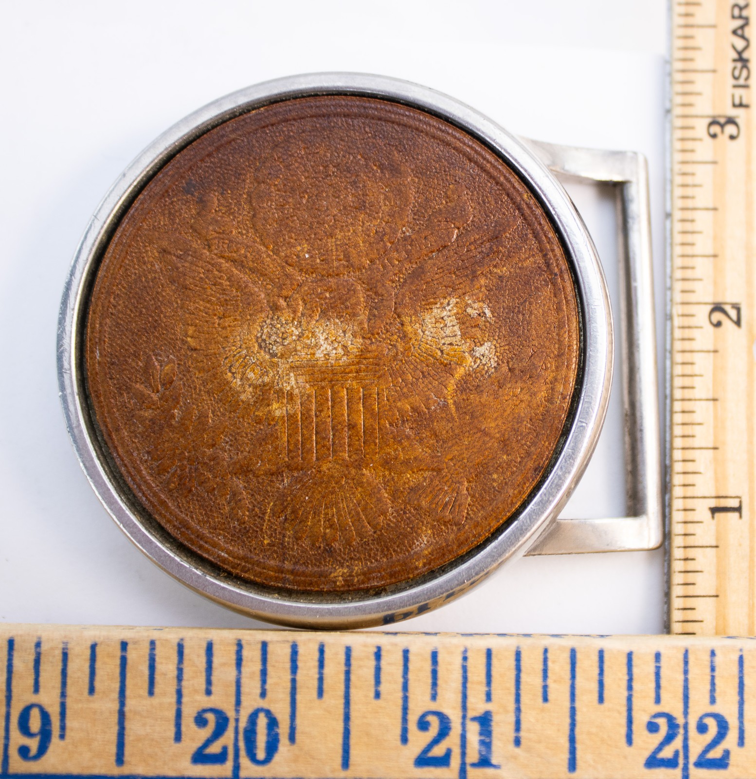 70s Round Tooled Leather American Eagle Great Seal Belt Buckle Chrome Frame