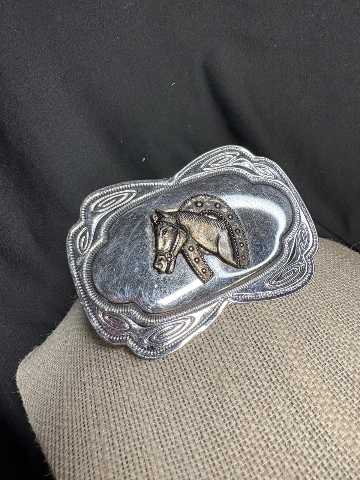 Vintage Western Horse Head & Horseshoe Belt Buckle Silver Tone Repair Needed