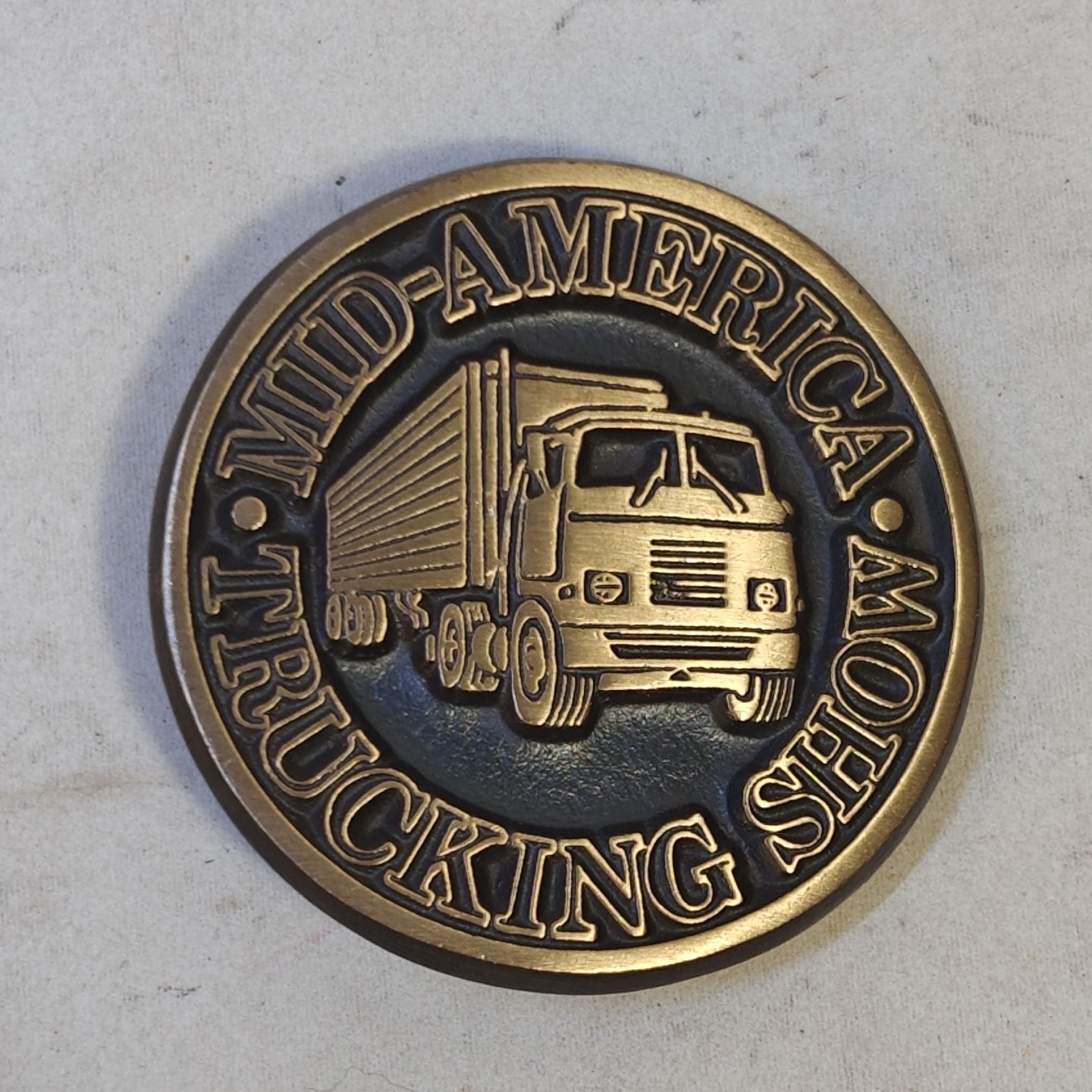 Mid America Trucking Show Brass Belt Buckle VTG Round 18 Wheeler Hard To Find