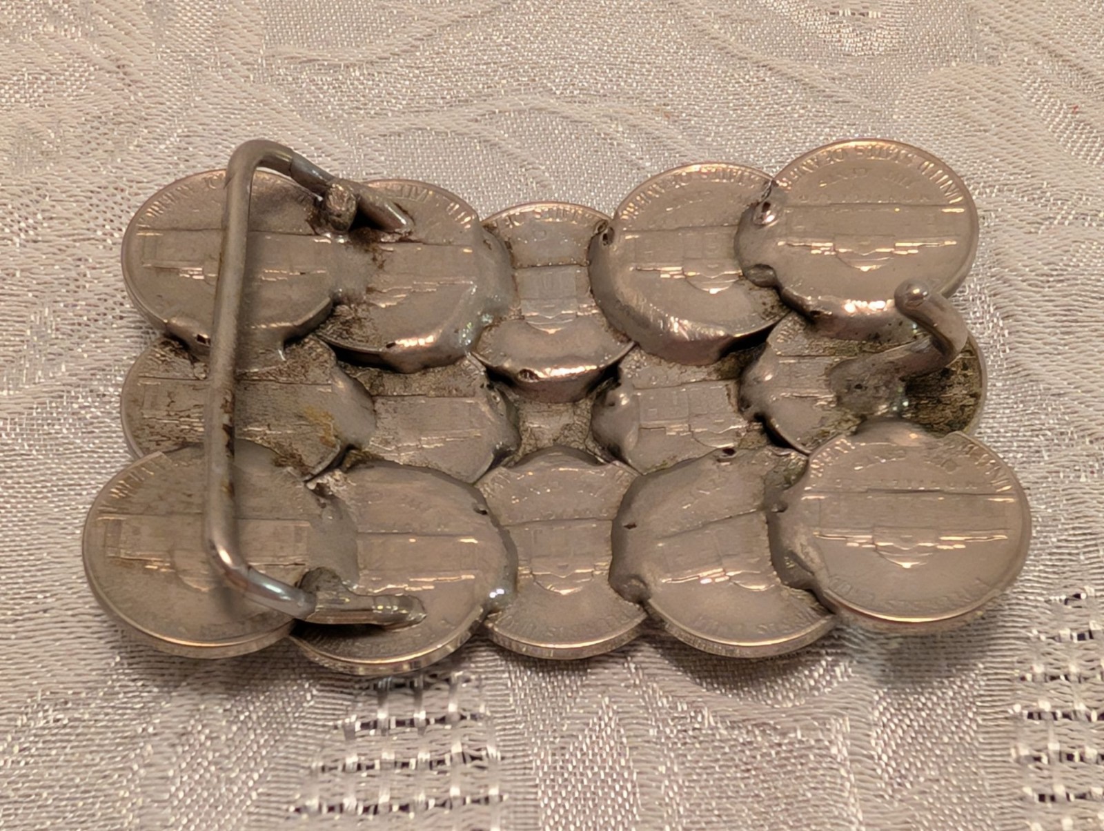 Vntg Handmade Coin Belt Buckle 1974 Kennedy Half Dollar & 1981 Jefferson Nickels