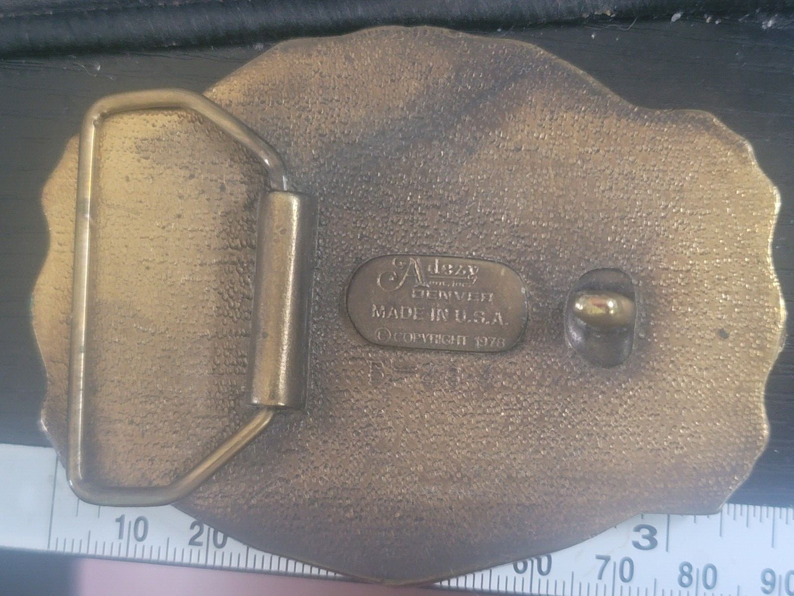 Tall Ship Adezy Denver Bronze Belt Buckle with Rare Scroll Frame Vintage 1978