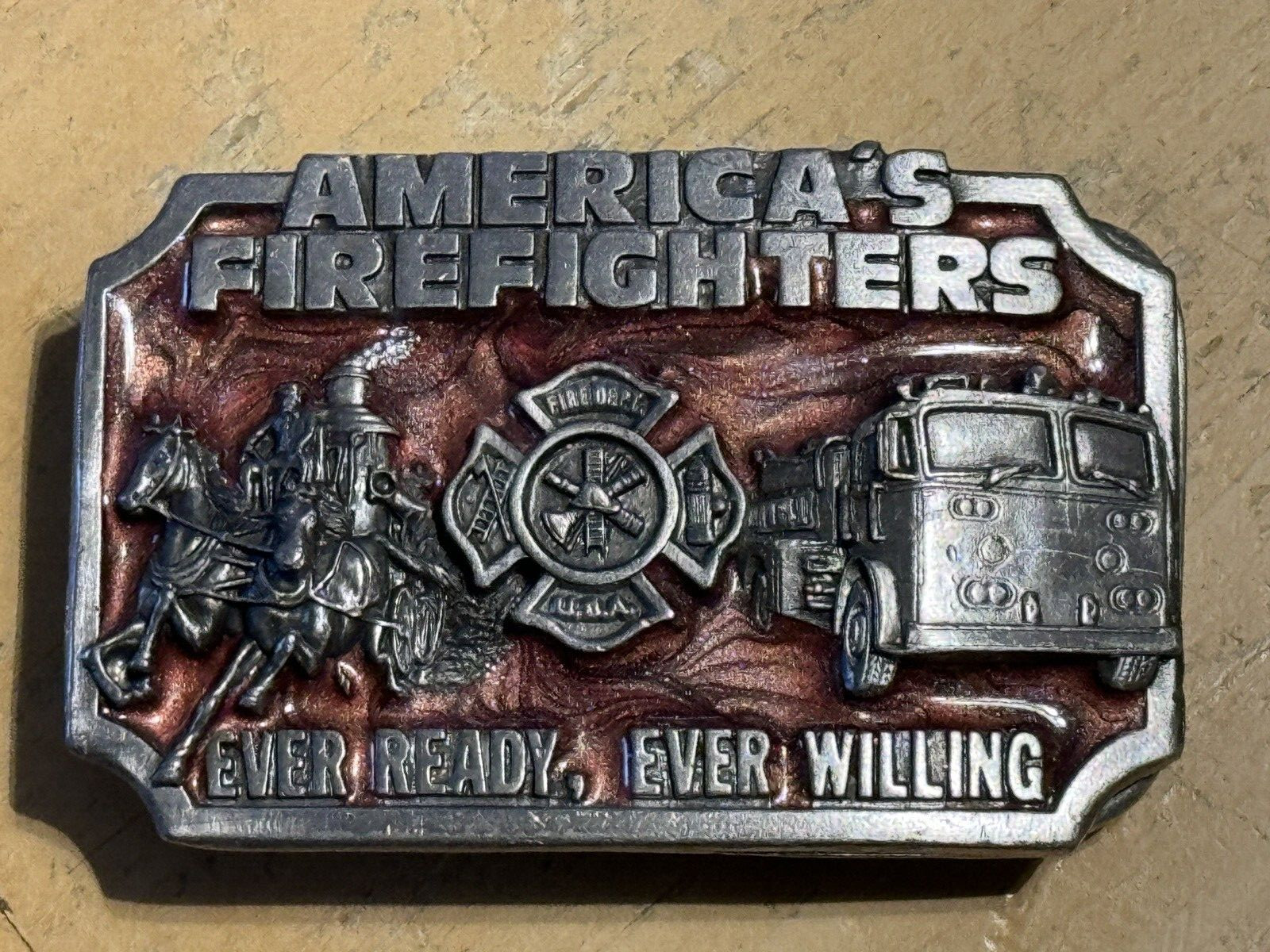 1983 AMERICA&rsquo;S FIREFIGHTERS BELT BUCKLE -EVER READY EVER WILLING Colorful Enamel