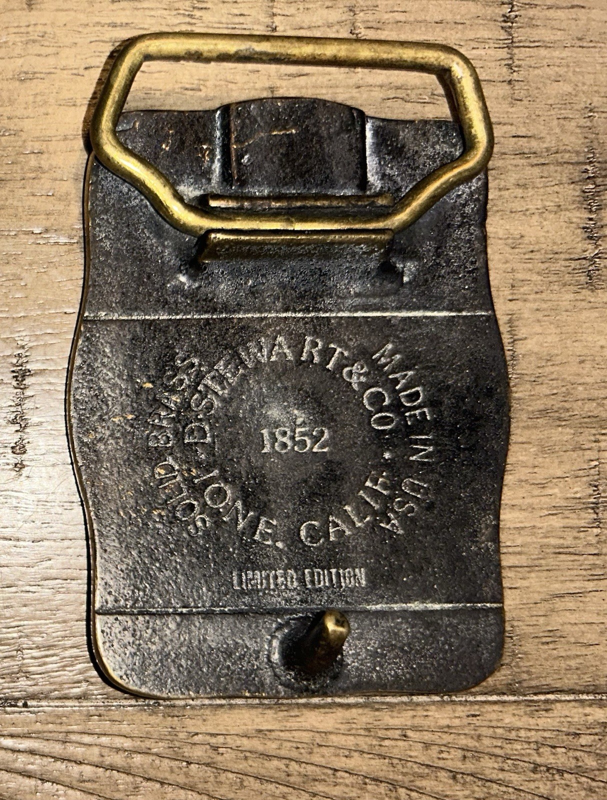“Elk Grove” Collectors Vintage Brass Belt Buckle by D. Stewart & Co, Ione Ca