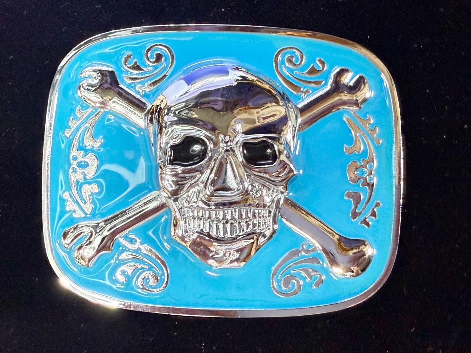 Jolly Roger Pirate Skull Head & Crossbones Blue Enamel Colored New Belt Buckle
